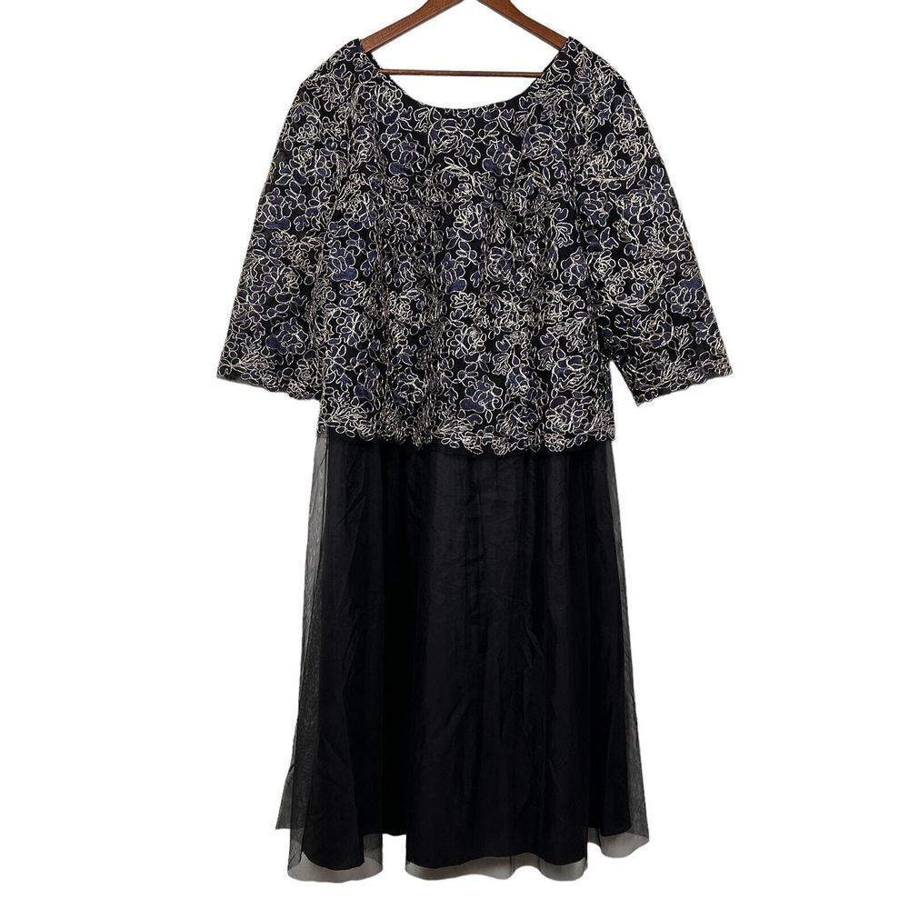 Alex Evenings Womens Gown 22W Navy Gold 3/4 Sleeve Stretch Lace Bodice Mock Gown
